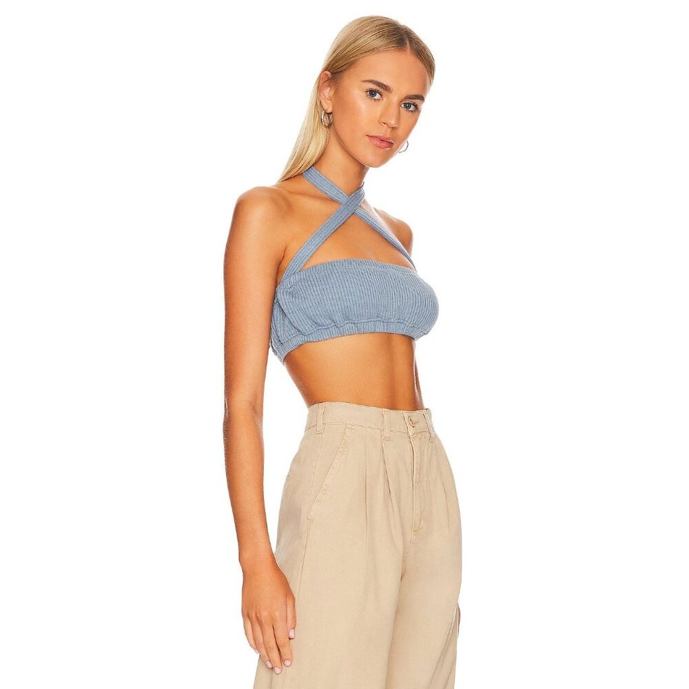 We Wore What Revolve Tie Halter Wide Rib Bra Top Women's Size XS Storm Blue NWT - Picture 5 of 16